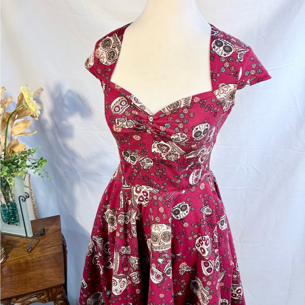 Hell Bunny Sasha Red Sugar Skull Fit Flare Rockabilly Dress XS🧡 - Picture 3 of 12
